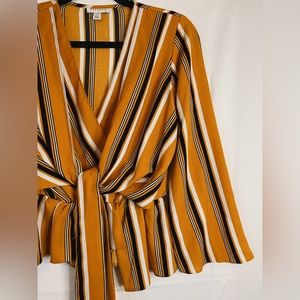 Striped Mustard Long Sleeve Tie Blouse - Topshop